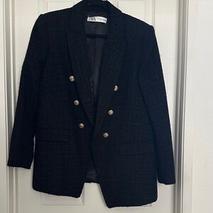 Zara Black Tweed Double-Breasted Blazer with Gold Buttons